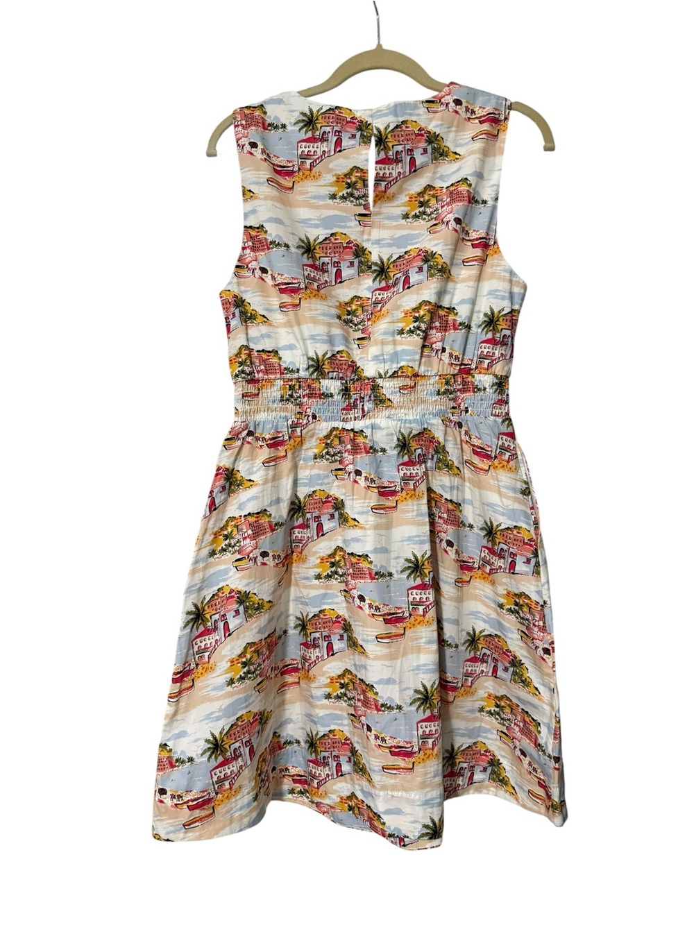 Boden Paradise Bay Smocked Waist Mini Dress Coastal Scenic Print Cotton US 6R - Picture 2 of 9